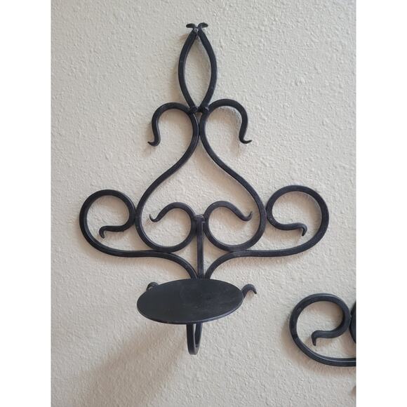 2 Vintage Wall Sconce Candle Holders, Black Wrought Iron Metal - Picture 3 of 5